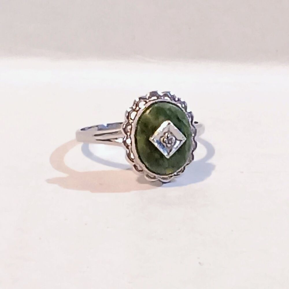 Vintage PSCO Art Deco 10K White Gold Ring-Oval Nephrite Jade Cabochon-Size 5-